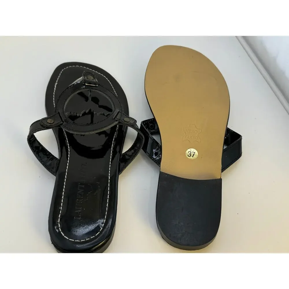 EUC Vintage 2000s Y2K‎ Laurent Effel Black Patent Leather Logo Sandals